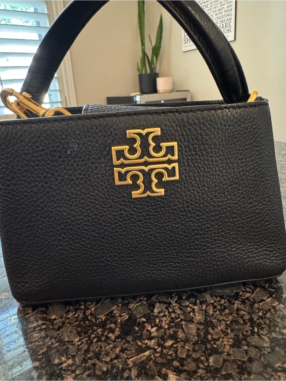 Tory Burch Black Pebbled Leather Top-Handle Satchel with Gold Logo Hardware